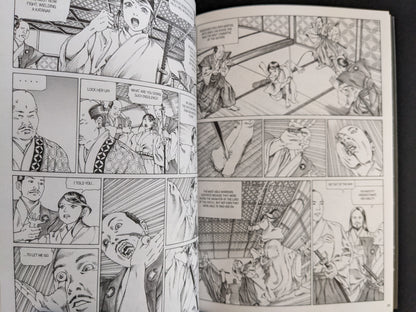Interior manga page showing a fight scene and samurai confrontation