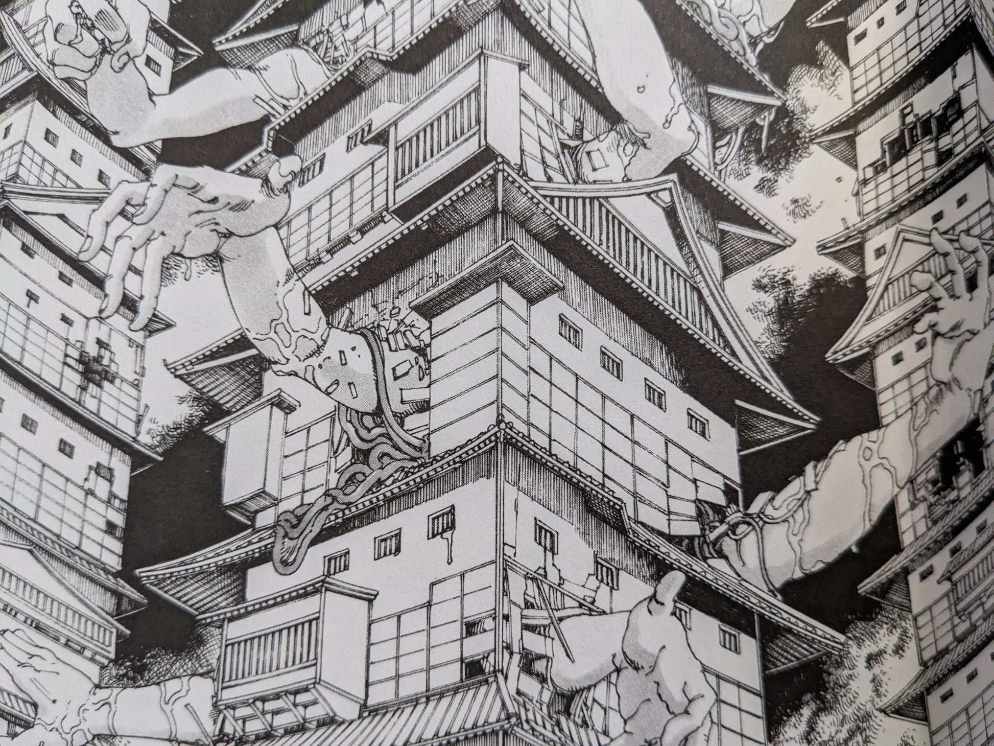  Surreal manga panel from Shintaro Kago's "The Twelve Sisters of the Never-ending Castle" featuring giant dismembered arms piercing traditional Japanese castle architecture
