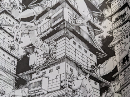  Surreal manga panel from Shintaro Kago's "The Twelve Sisters of the Never-ending Castle" featuring giant dismembered arms piercing traditional Japanese castle architecture
