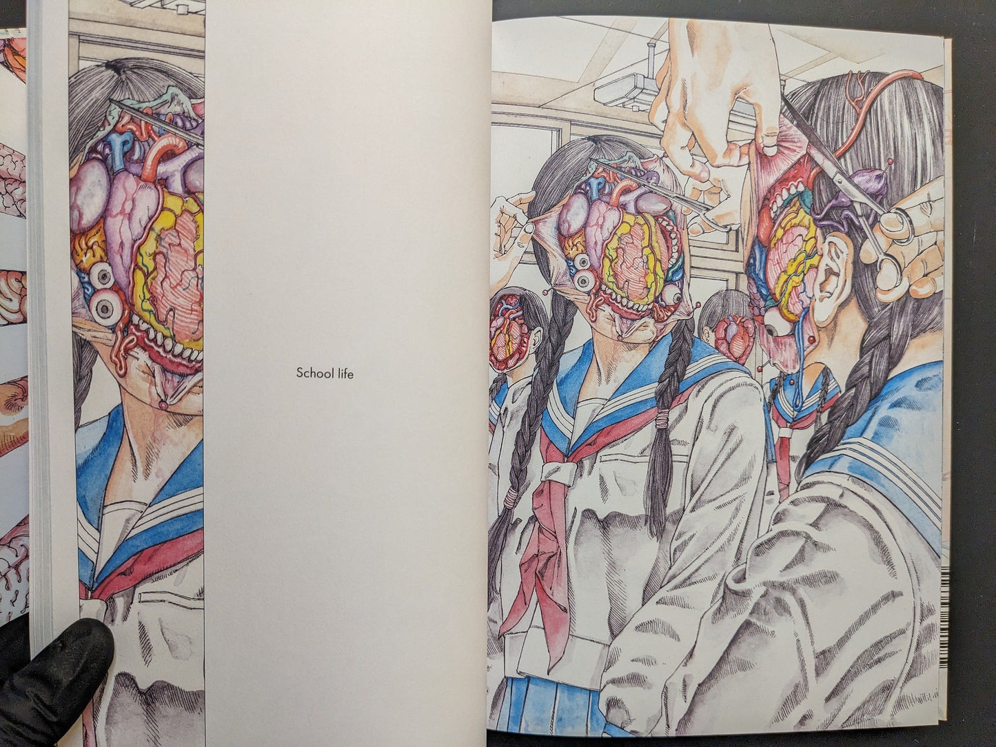 Interior spread from Shintaro Kago Artbook Vol. 1, classroom scene with anatomical cutaway imagery