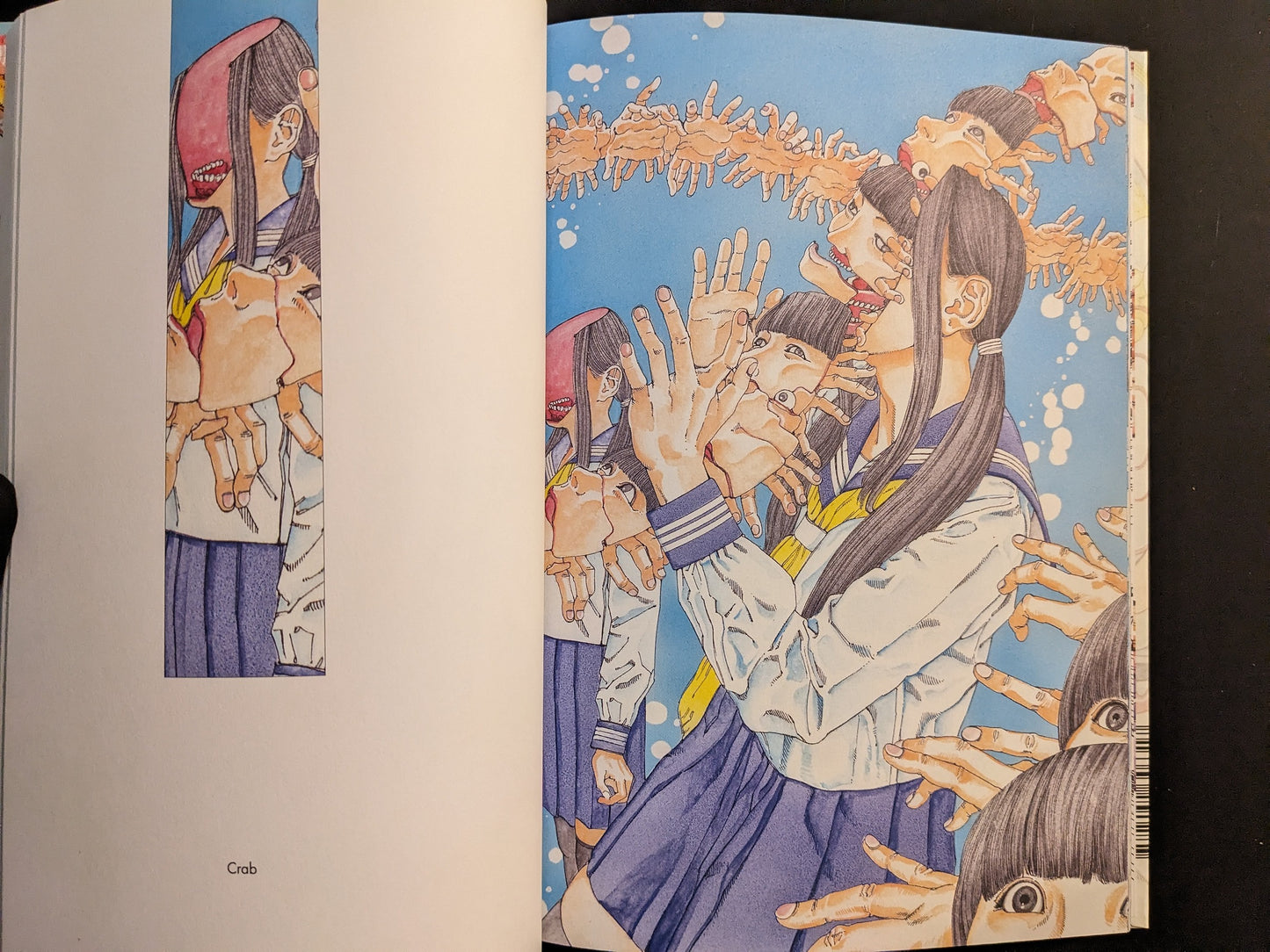 Interior plate from Shintaro Kago Artbook Vol. 2, schoolgirl surrounded by multiplying hands and faces