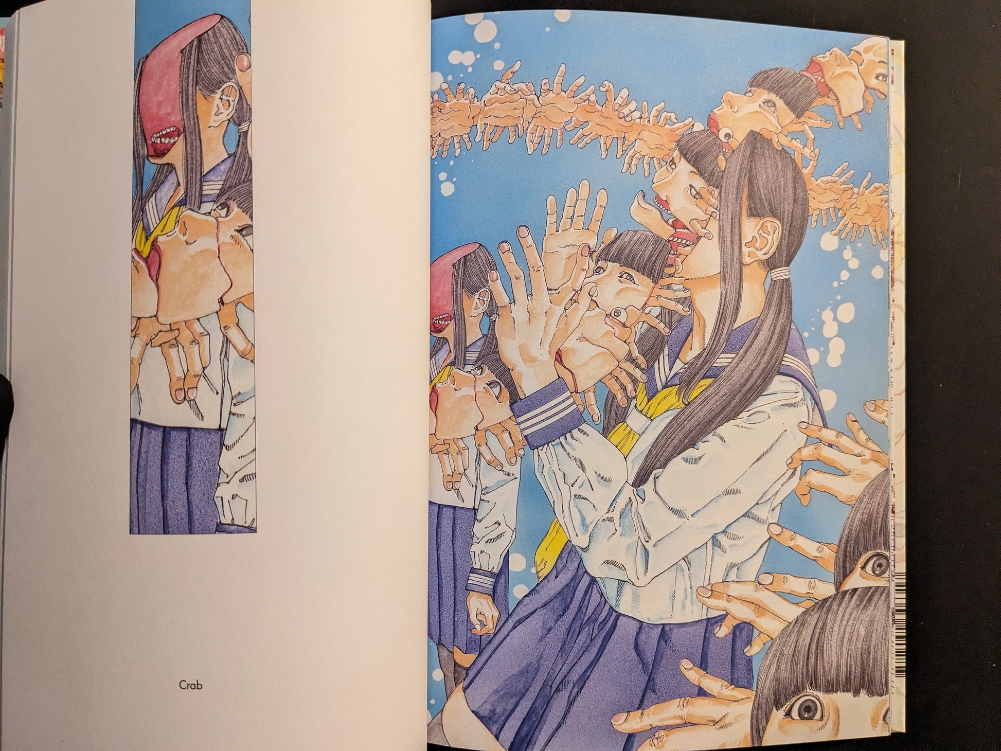 Interior plate from Shintaro Kago Artbook Vol. 2, schoolgirl surrounded by multiplying hands and faces