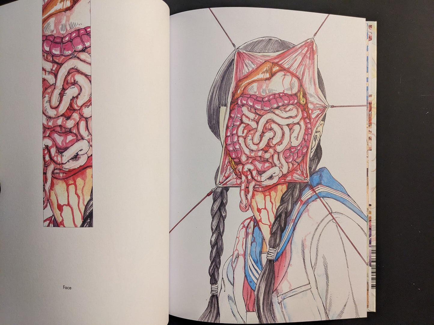 Interior plate from Shintaro Kago Artbook Vol. 2, anatomical display bound by strings with a school uniform motif