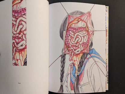 Interior plate from Shintaro Kago Artbook Vol. 2, anatomical display bound by strings with a school uniform motif