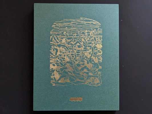 Back cover: teal board with a gold-foil line drawing of figures in water.
