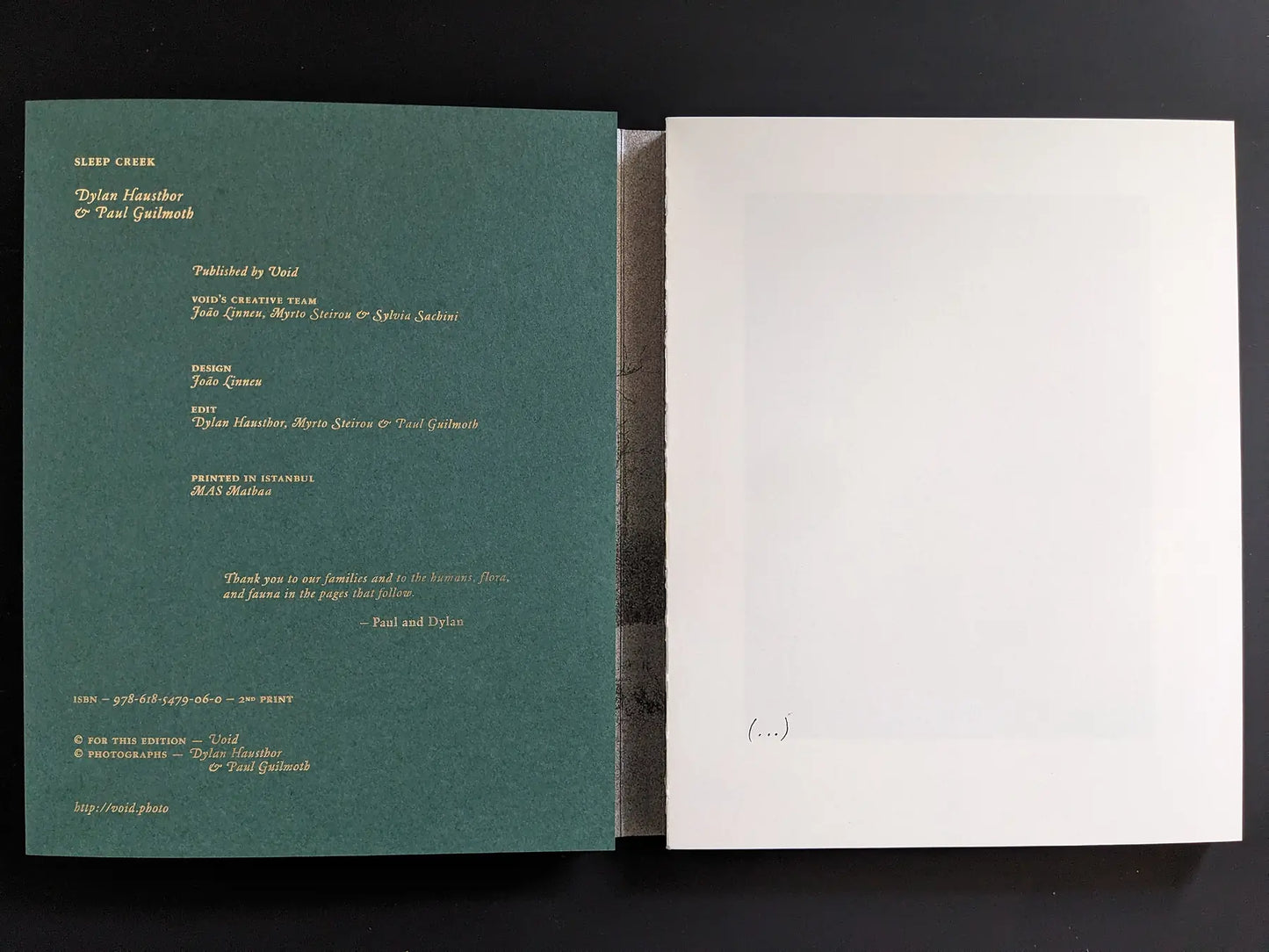 Colophon spread with credits on the left and a mostly blank page on the right.