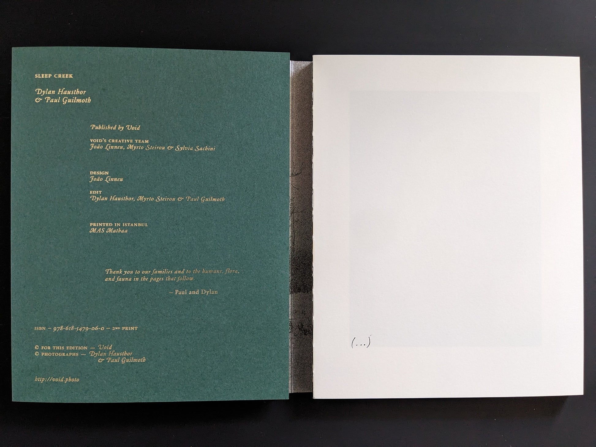 Colophon and ISBN page for the second print of “Sleep Creek” — Void photobook.
