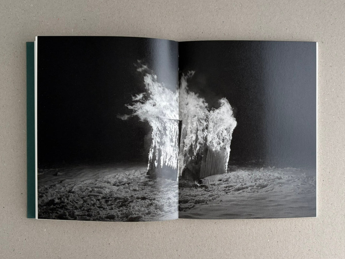 Open spread of Sleep Creek by Dylan Hausthor and Pia Paulina Guilmoth, showing a black-and-white night photograph of a snowy landscape with a bright, flame-like burst at the center fold.