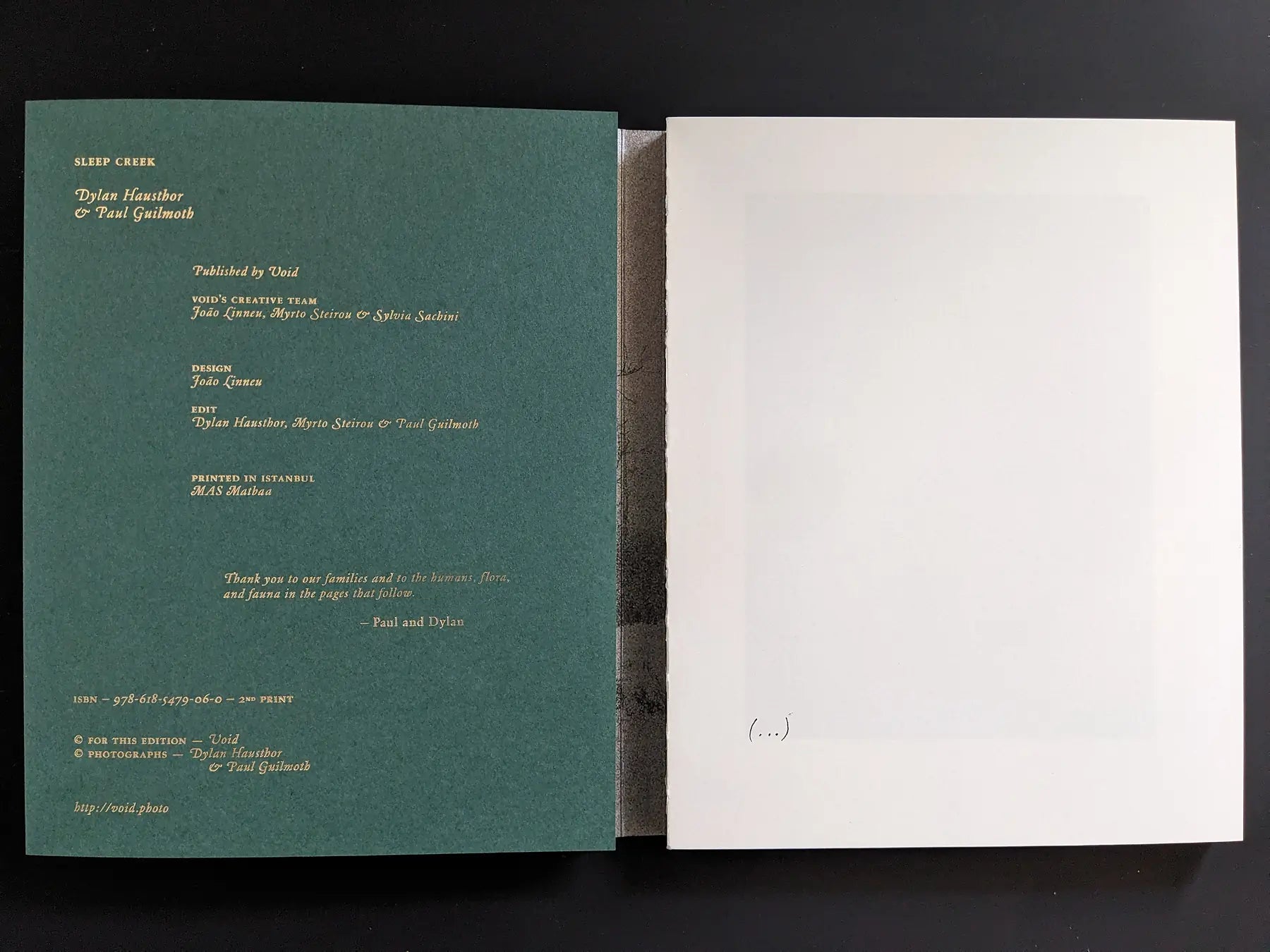 Colophon and opening leaf of Sleep Creek (VOID) with credits and ISBN.