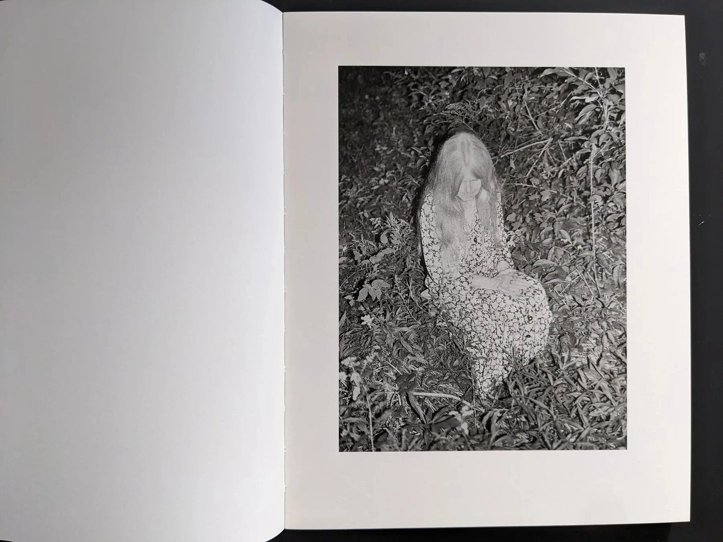 Black-and-white spread with a seated figure in dense foliage on the right page.