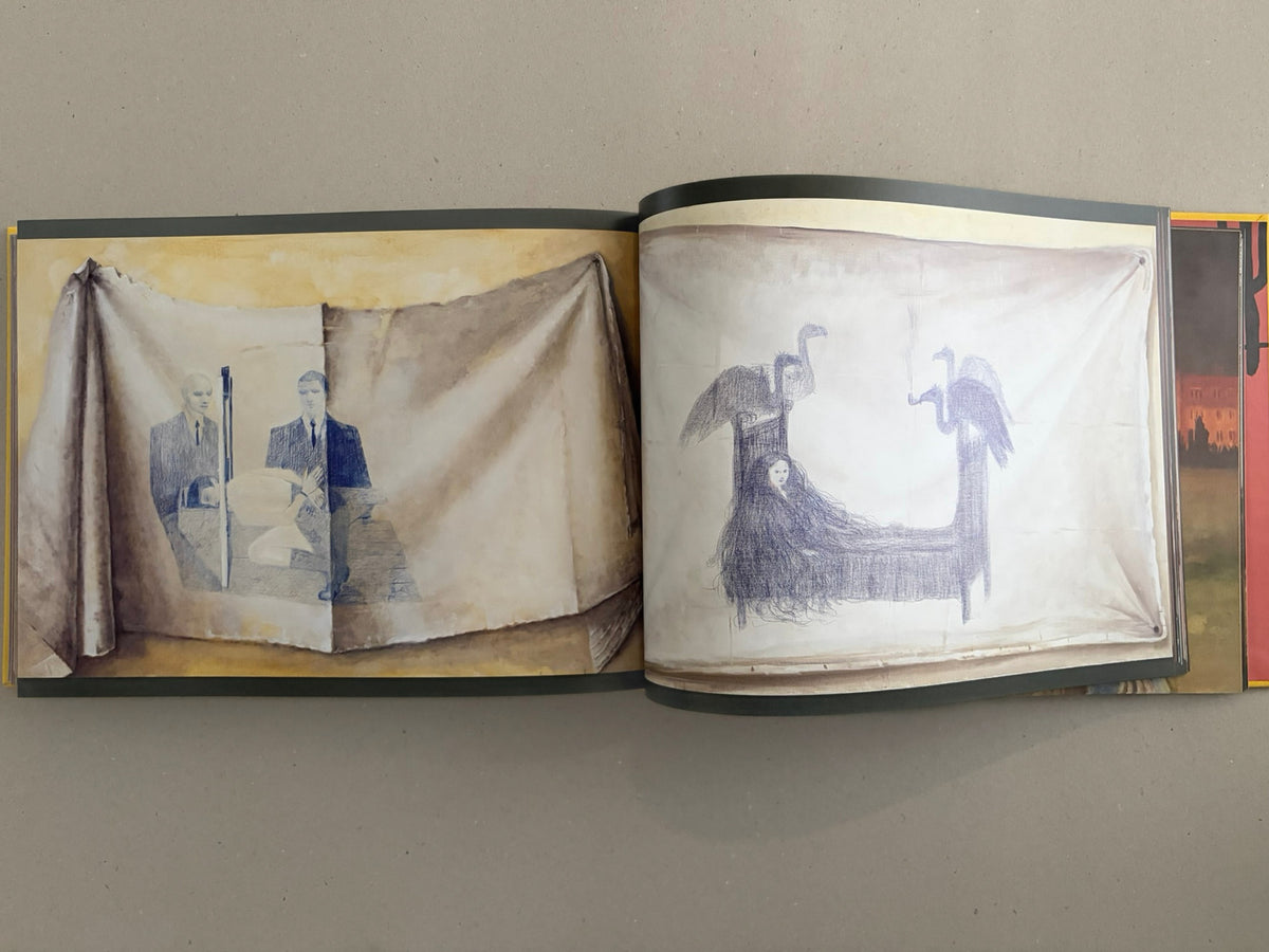 Open spread from SOLUTION issue 5 by Aleksandra Waliszewska, showing two illustrated pages with pale fabric-like backgrounds and blue-grey figures.