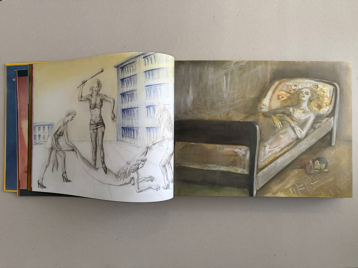 Open spread from SOLUTION issue 5 – Aleksandra Waliszewska, showing a sketch-like figure study on the left page and a reclining figure on a bed on the right page.