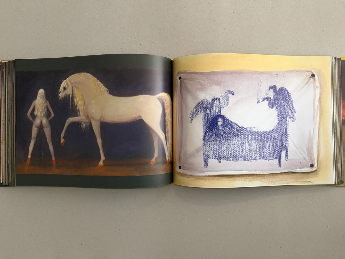 Open book spread from SOLUTION issue 5 – Aleksandra Waliszewska, showing a horse and figure on the left page and a blue drawing on the right page.