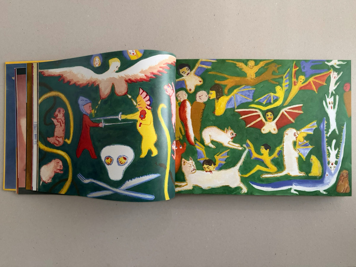 Open spread from SOLUTION issue 5 – Aleksandra Waliszewska, showing two illustrated pages with figures, animals, and winged forms on a green background.