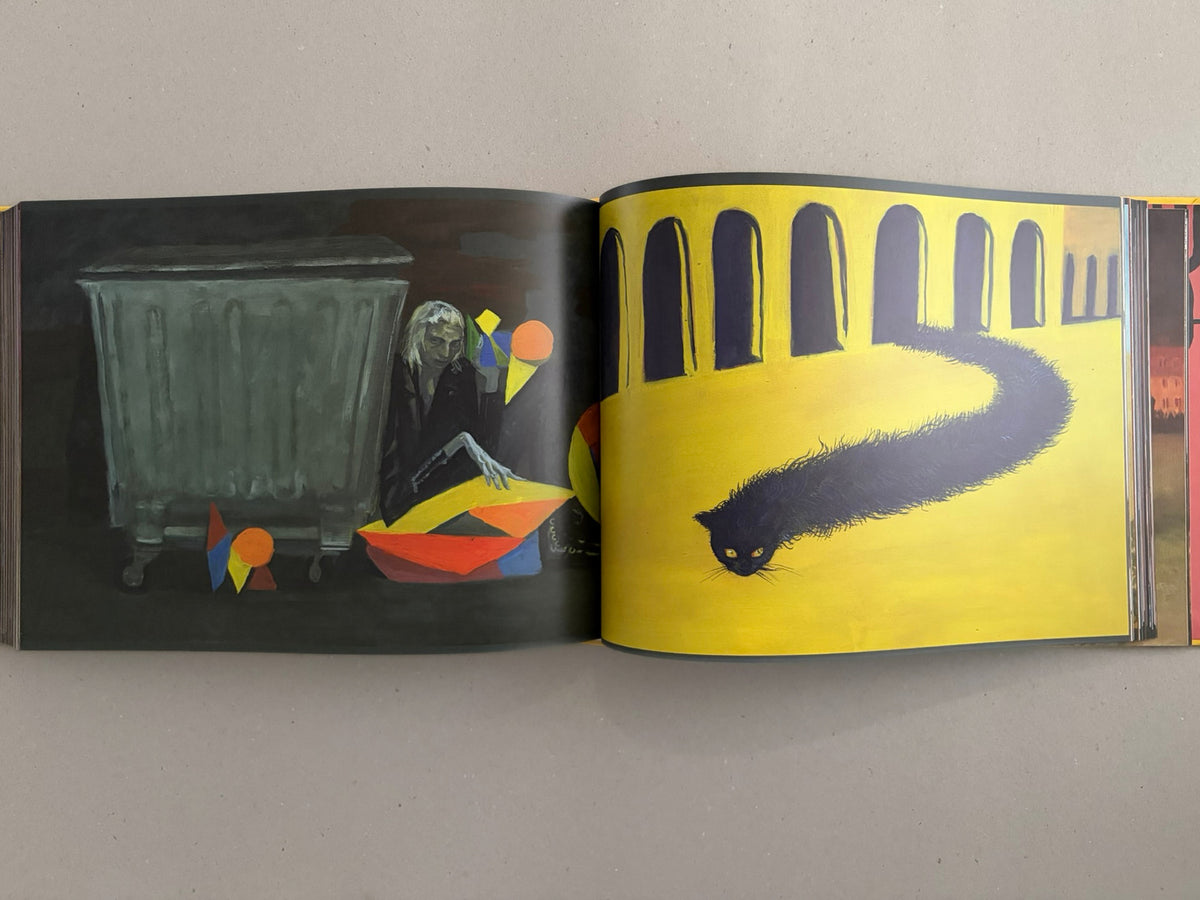 Open spread from SOLUTION issue 5 by Aleksandra Waliszewska, showing two full-page artworks: a dark composition with a figure beside a large container on the left, and a yellow page with a black cat-like form on the right.