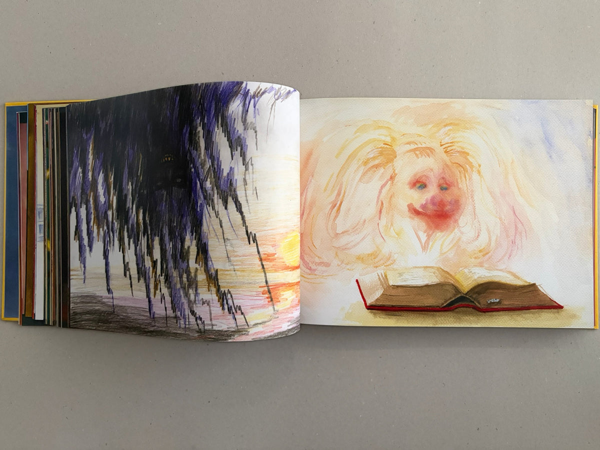Open spread from SOLUTION issue 5 – Aleksandra Waliszewska, showing two illustrated pages with a dark, vertical composition on the left and a pale face above an open book on the right.