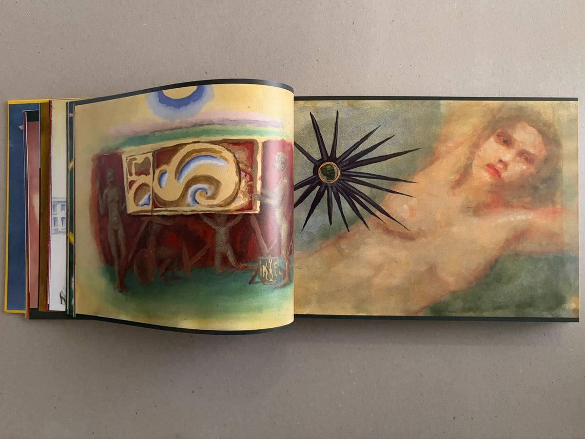 Open spread from SOLUTION issue 5 – Aleksandra Waliszewska, showing two illustrated pages with a black starburst motif and a blurred figure on the right page.