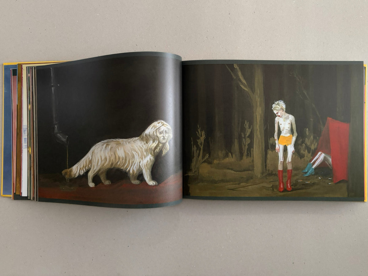 Open spread from SOLUTION issue 5 by Aleksandra Waliszewska, showing two dark landscape paintings: a pale long-haired figure in animal form on the left page and a standing figure in red boots on the right.