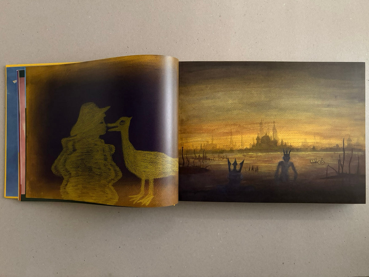 Open spread from SOLUTION issue 5 – Aleksandra Waliszewska, showing a yellow-toned illustration on the left and a dusk landscape with silhouetted figures on the right.