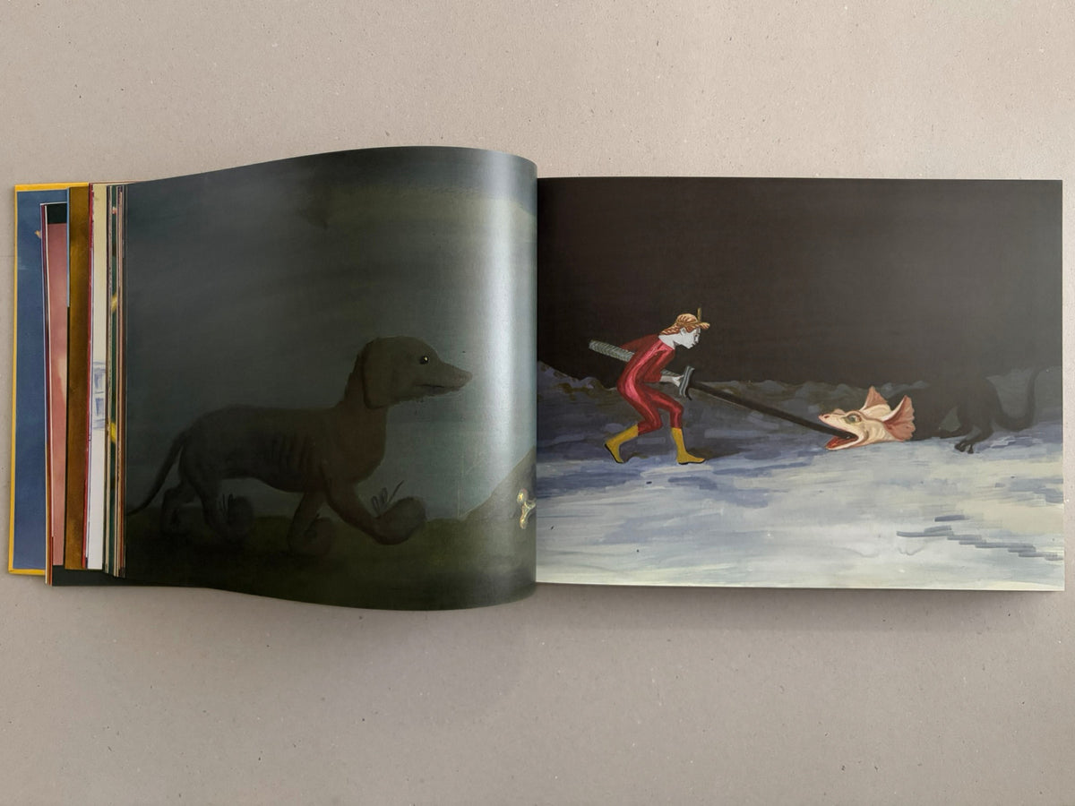 Open spread from SOLUTION issue 5 by Aleksandra Waliszewska, showing a dark illustration on the left page and a figure in red facing a large animal on the right page.