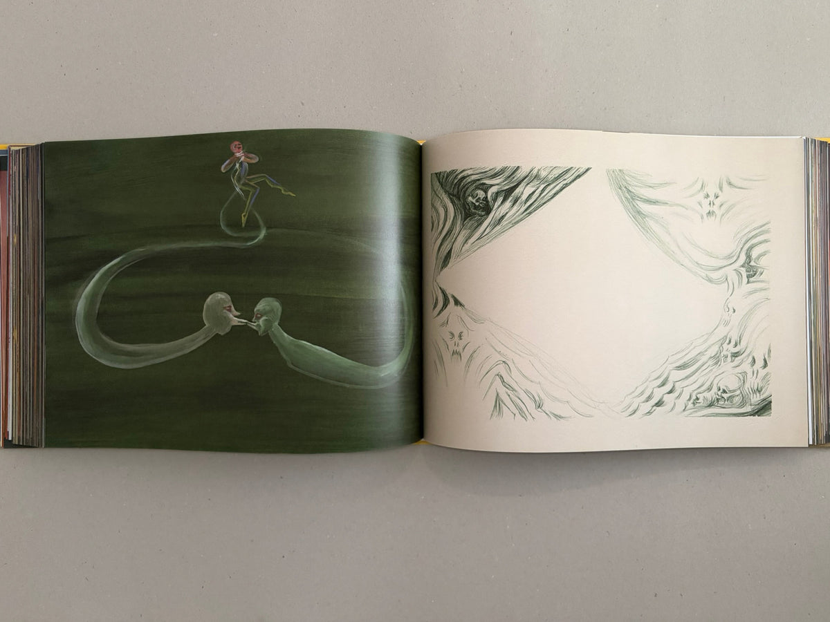 Open spread from SOLUTION issue 5 by Aleksandra Waliszewska, showing dark green artwork on the left page and pale sketch-like figures on the right page.