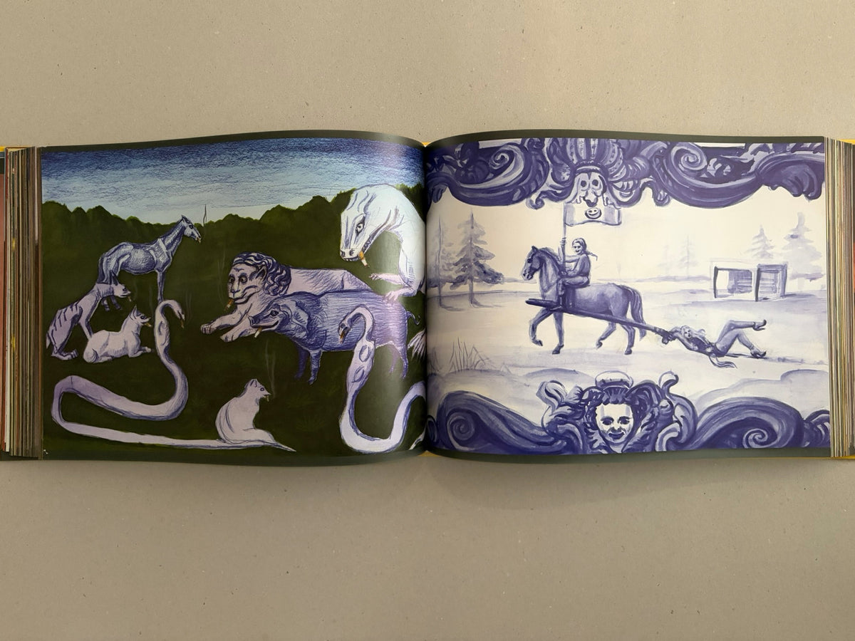 Open spread from SOLUTION issue 5 – Aleksandra Waliszewska, showing illustrated horses, figures, and decorative purple border motifs across two pages.