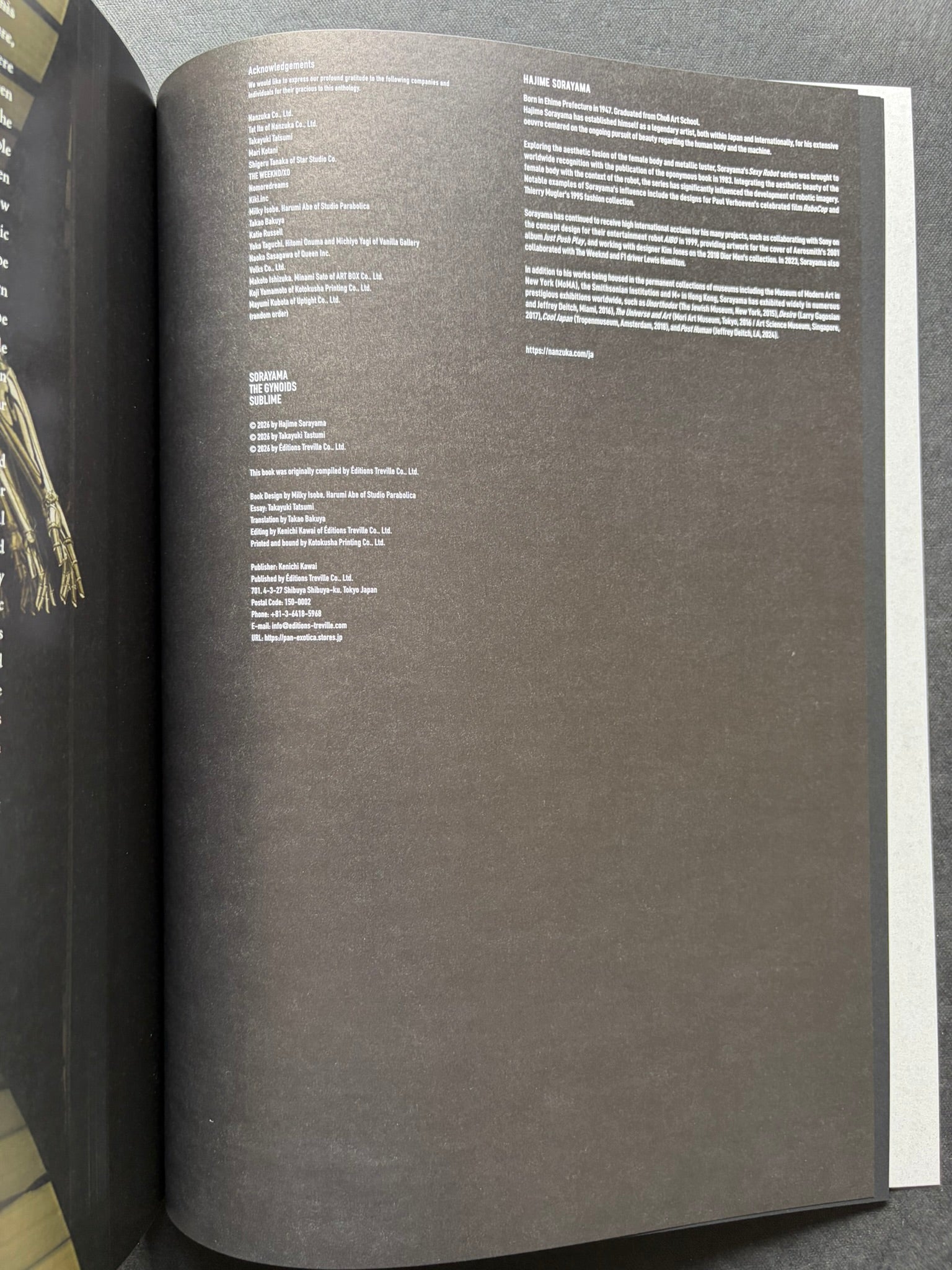 Colophon page of SORAYAMA: THE GYNOIDS SUBLIME with credits and artist biography text.