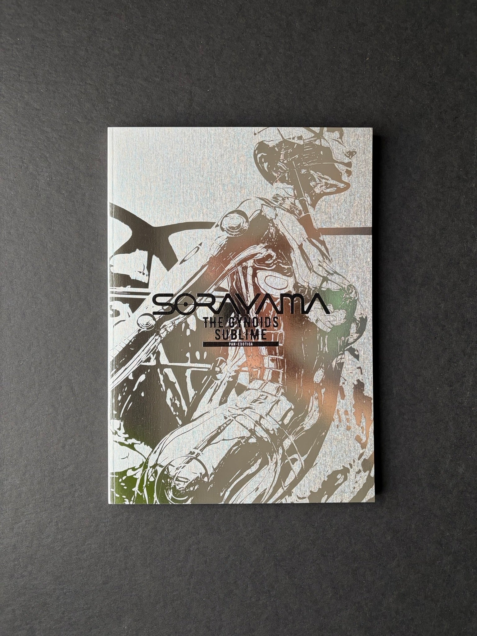 Front cover of SORAYAMA: THE GYNOIDS SUBLIME by Hajime Sorayama, with a metallic chrome finish and Pan-Exotica series title.