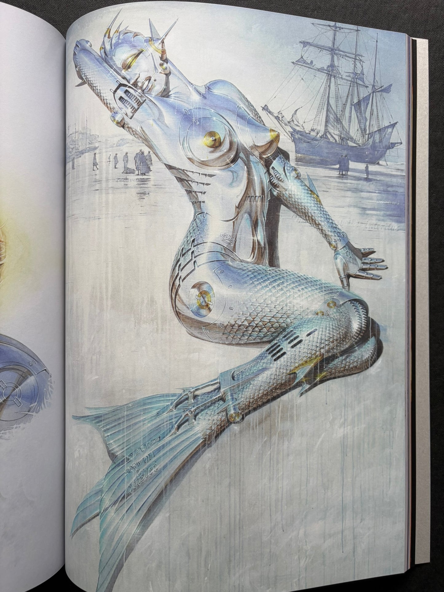 Interior spread of a chrome gynoid figure posed against a ship and waterfront scene in SORAYAMA: THE GYNOIDS SUBLIME.