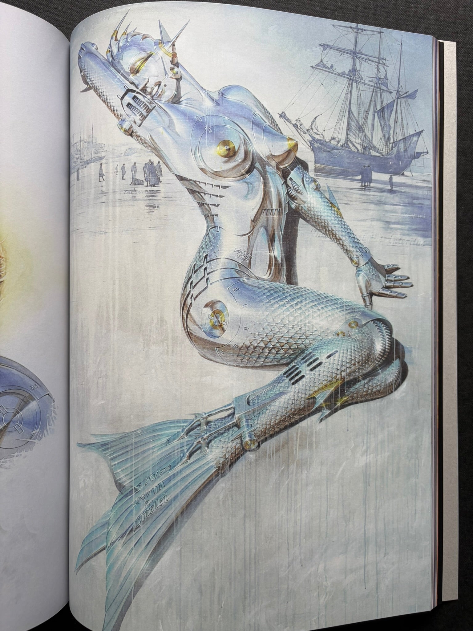 Interior spread of a chrome gynoid figure posed against a ship and waterfront scene in SORAYAMA: THE GYNOIDS SUBLIME.