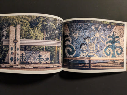Interior spread: close view of blue tile mosaic patterns; opposite page shows a mosaic sign and shelter facade.