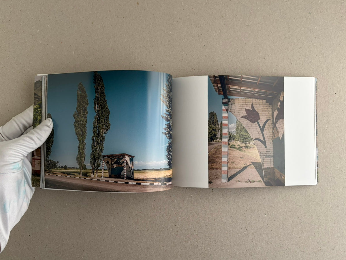 Open spread from Soviet Architectural Design by Hoshino Ai, with a bus stop beside a road on the left and a close view of a mosaic shelter on the right.