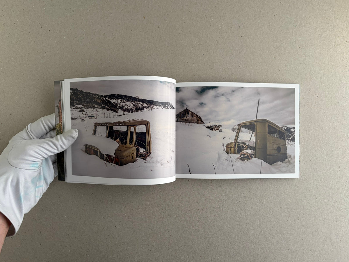 Soviet Transport open spread with a cable car cabin and a snowy mountain landscape