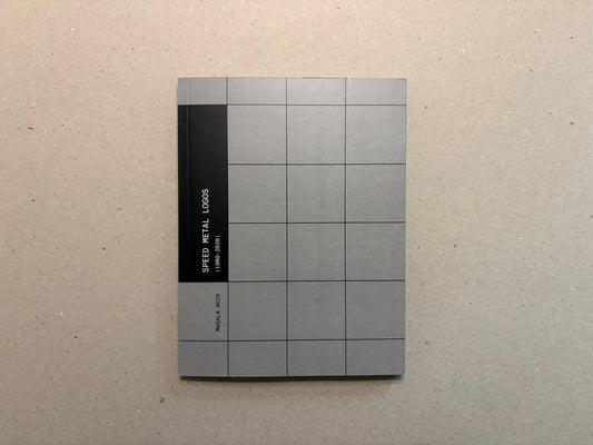 Speed Metal Logos (1990–2020) cover on a beige surface, grey grid design with a black vertical band