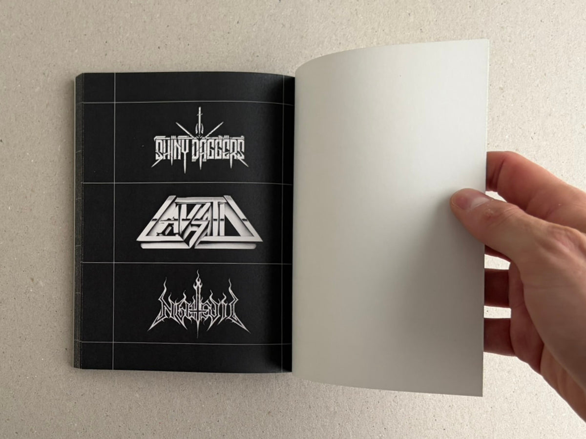 Interior spread of Speed Metal Logos (1990–2020) with three white logos on a black page and a blank white page on the right.
