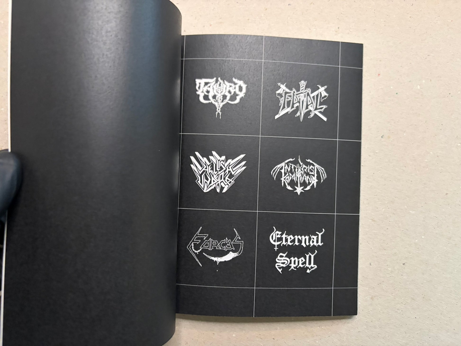 Open spread with black pages and a grid of white speed metal logos