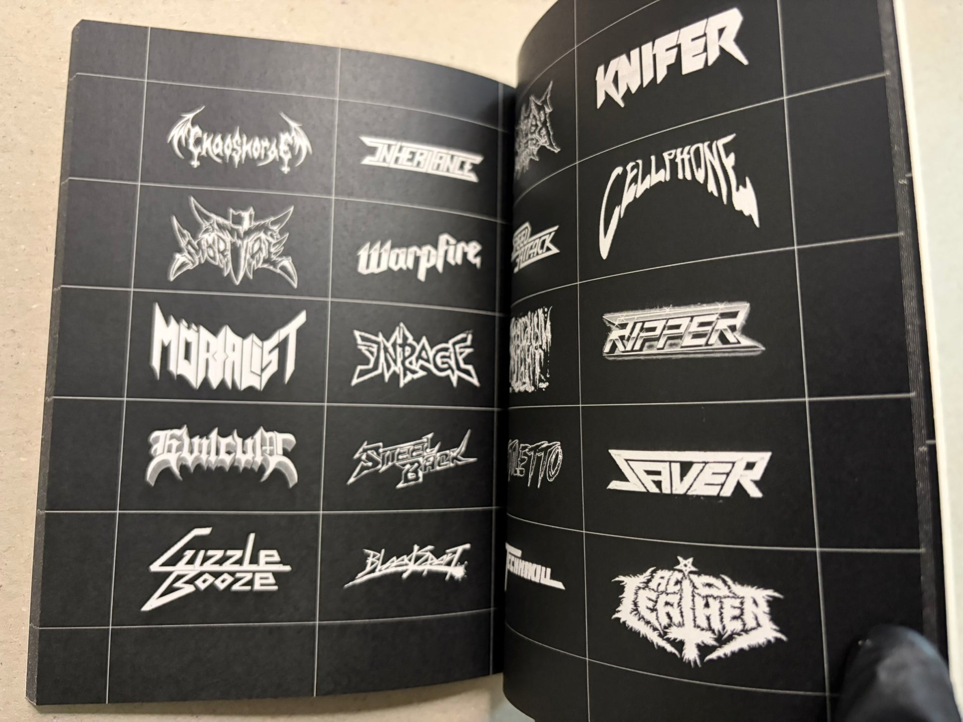 Open spread showing more speed metal band logos in a black grid layout