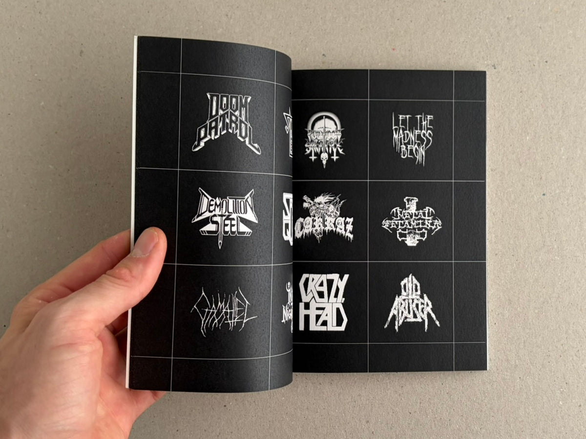 Open spread of Speed Metal Logos (1990–2020) showing a grid of white speed metal logos on black pages, held open by a hand.