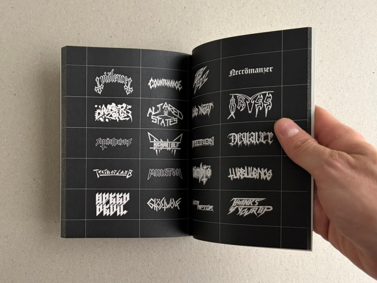 Open spread of Speed Metal Logos (1990–2020) showing multiple white metal logos on black pages, with a hand holding the right edge.
