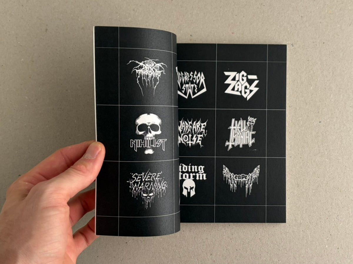 Open spread of Speed Metal Logos (1990–2020) showing black pages with white speed metal band logos, held open by a hand.