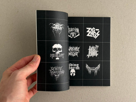 Open spread of Speed Metal Logos (1990–2020) showing black pages with white speed metal band logos, held open by a hand.