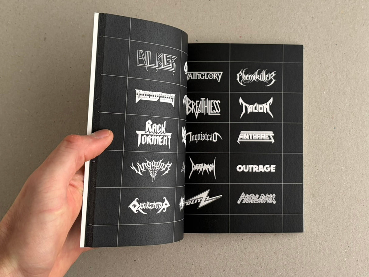 Open spread of Speed Metal Logos (1990–2020) with white band logos arranged in a grid on black pages.