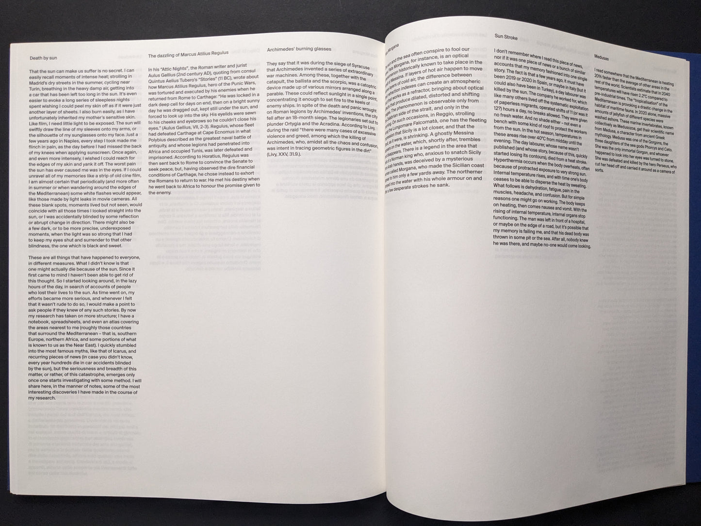 Interior spread with essay text about sun exposure and heat/“sun stroke”.