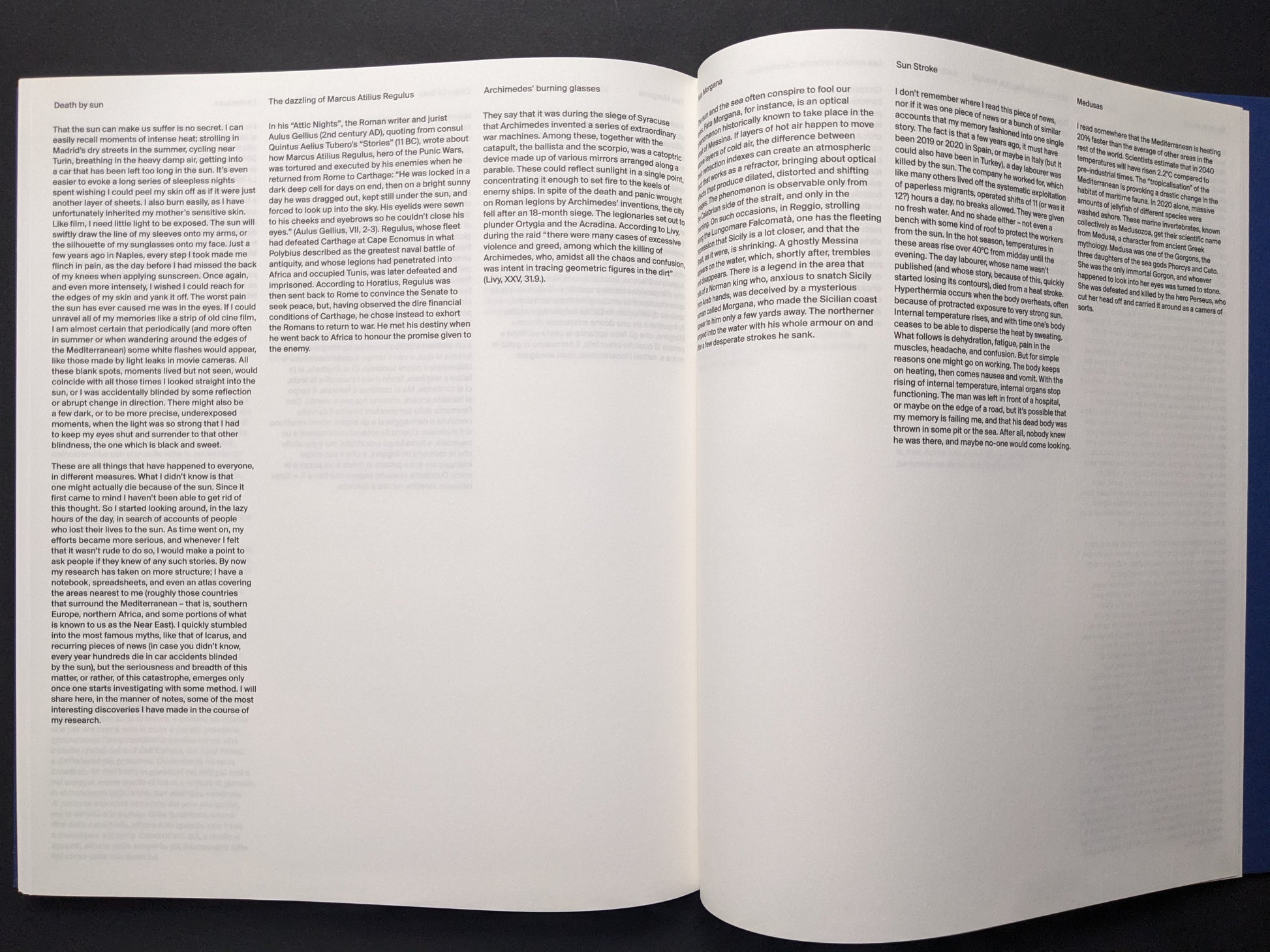 Interior spread with essay text about sun exposure and heat/“sun stroke”.