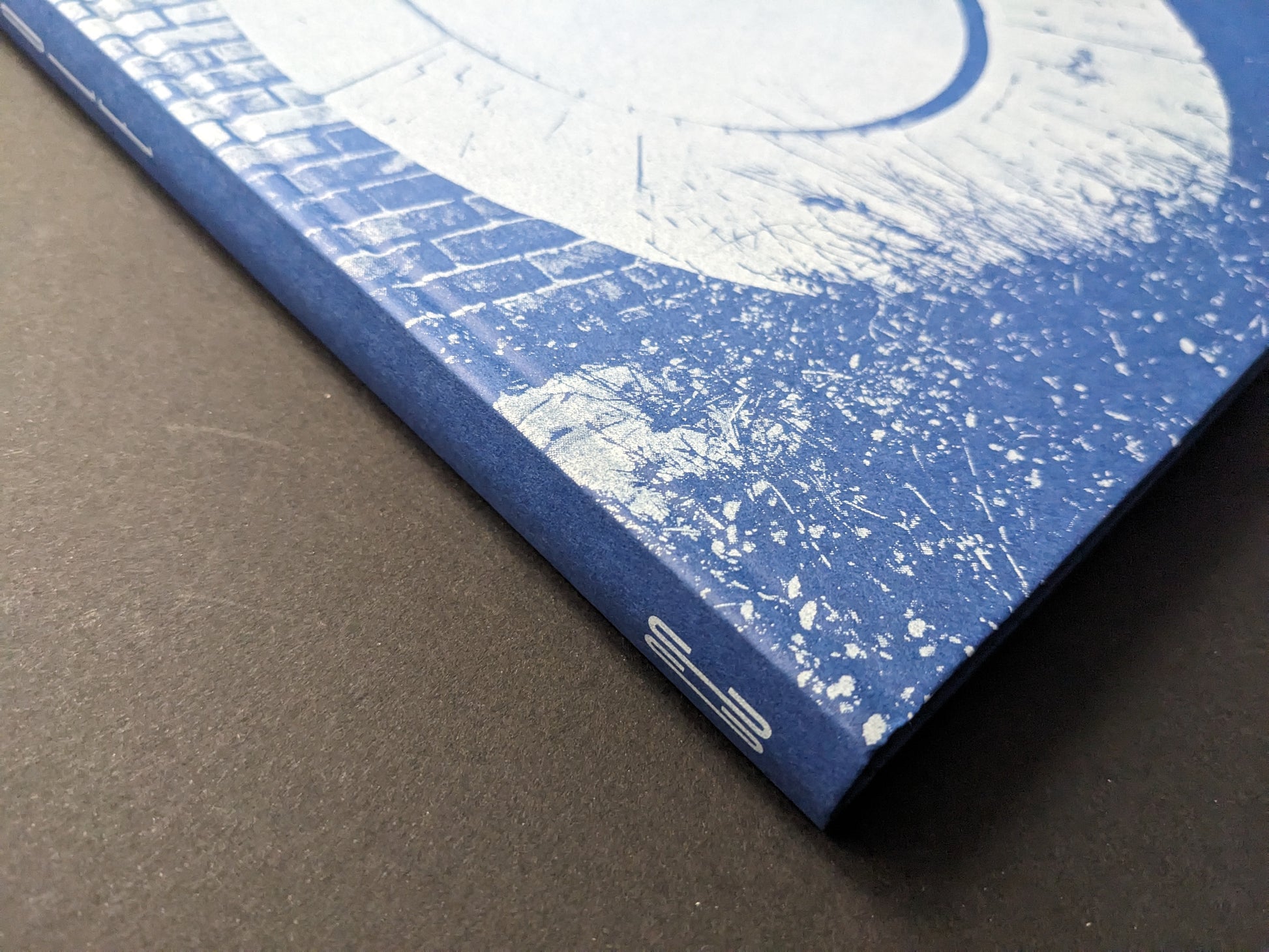 Spine detail of Sub Sole by Massao Mascaro (Chose Commune), blue hardcover with white title.