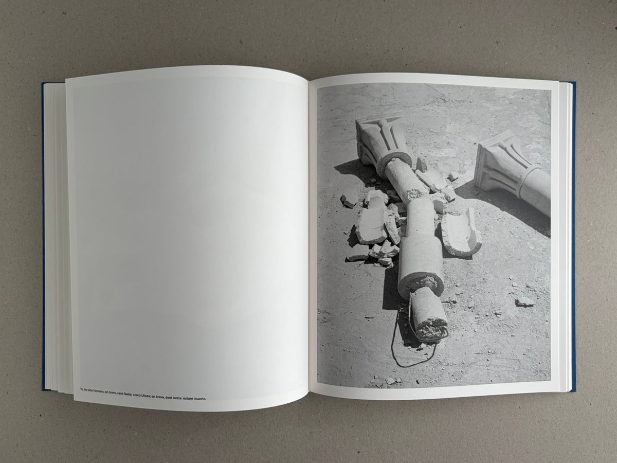 Open spread of Sub Sole by Massao Mascaro, with a black-and-white photograph of broken classical column fragments on the right page and a blank left page.