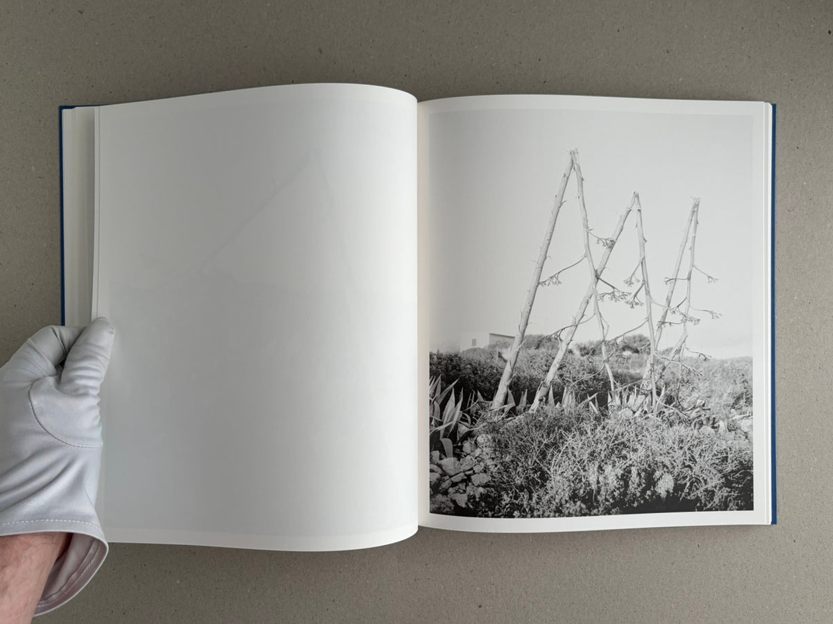 Open spread of Sub Sole by Massao Mascaro, showing a black-and-white landscape photograph on the right page and a blank left page.