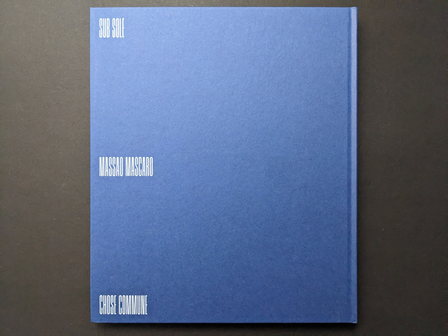 Back cover of Sub Sole by Massao Mascaro (Chose Commune), blue cloth hardcover with the title and artist name in white.
