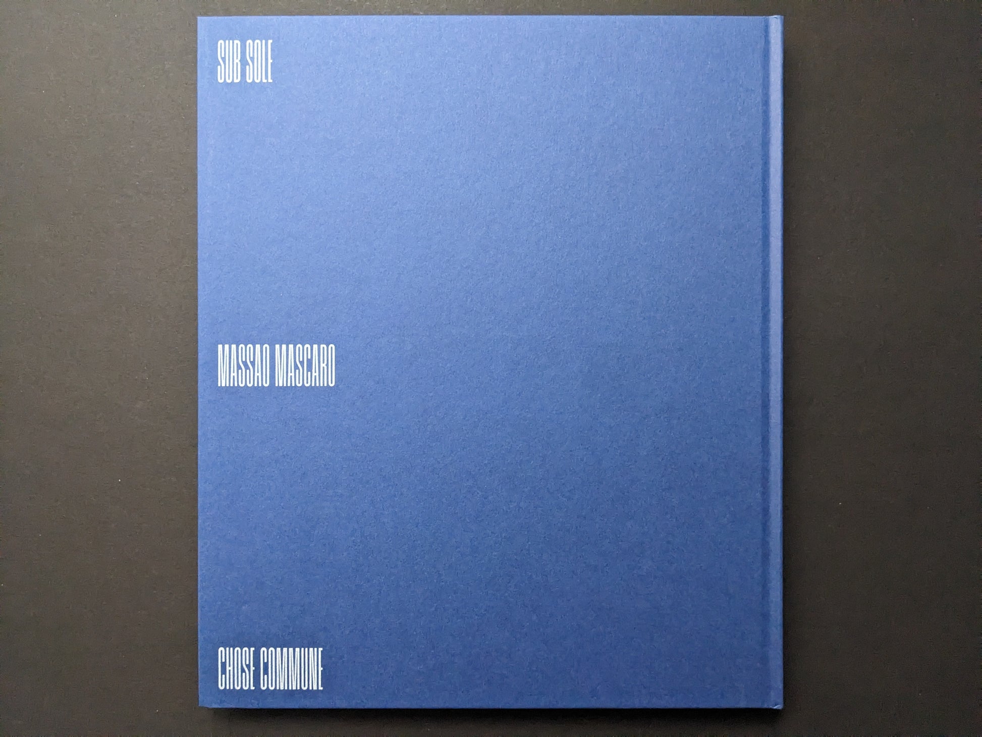 Back cover of Sub Sole by Massao Mascaro (Chose Commune), blue cloth hardcover with the title and artist name in white.