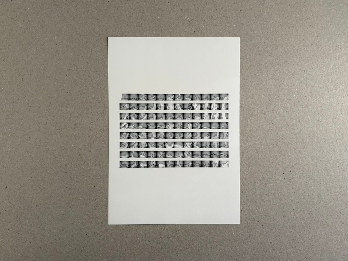 Surveillance – Tsutomu Yamagata, printed cover with a central grid of narrow black-and-white image strips on a white background.